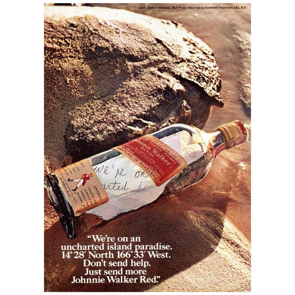 1974 Johnnie Walker Red Scotch Whiskey Vintage Print Ad Message in a Bottle Sand